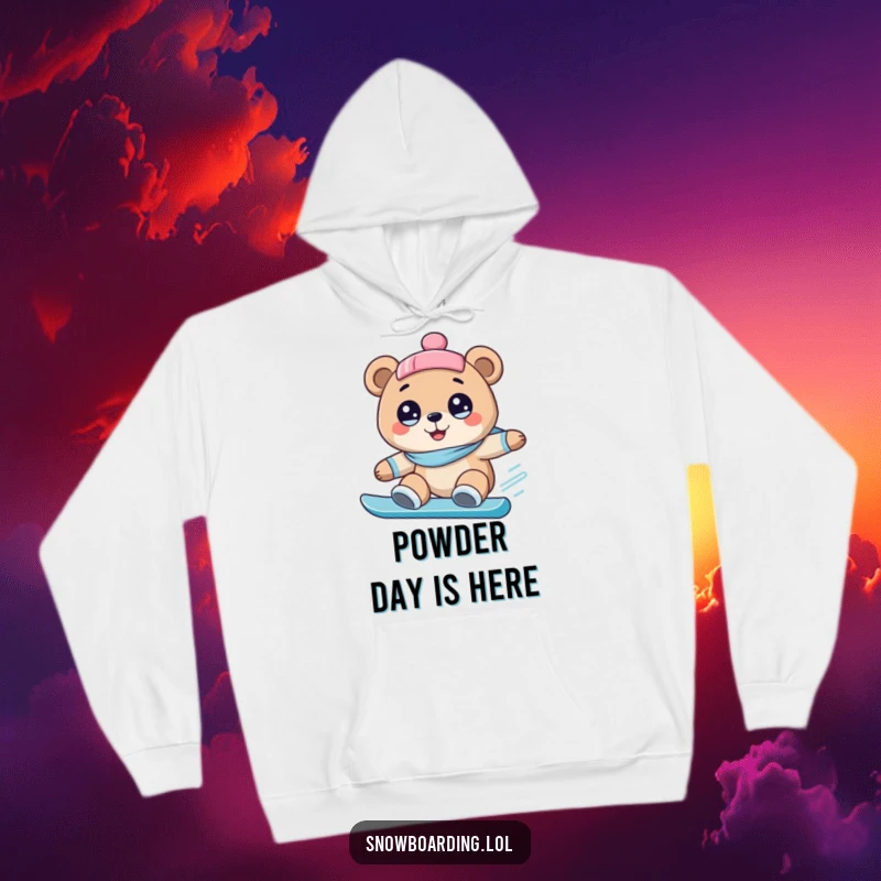 Funny hoodie featuring a happy bear with wide, amazed eyes, snowboarding downhill with a comical and enthusiastic expression.