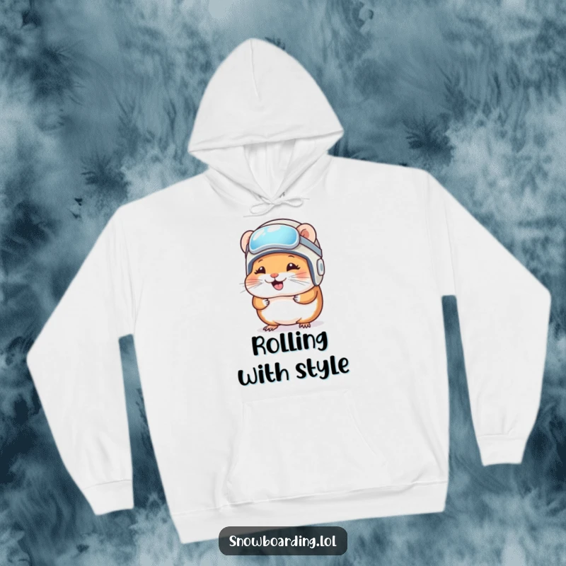 Funny Hoodie: A giggling hamster in a tiny snowboard helmet is featured on a warm and comfortable hoodie.