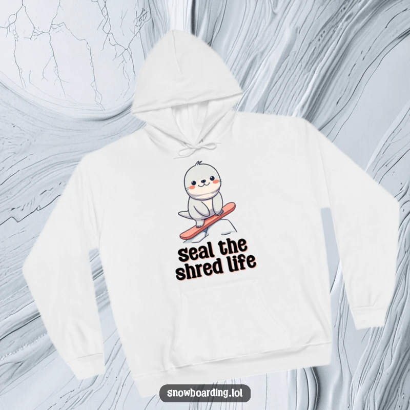 Funny seal struggling to balance on a snowboard, radiating cozy winter vibes and hilarious Arctic charm.