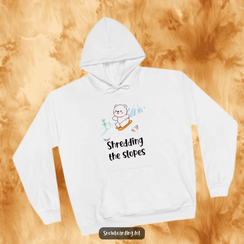 Funny hoodie featuring a happy bear smoothly snowboarding down a snowy mountain, perfect for staying warm and cheerful.