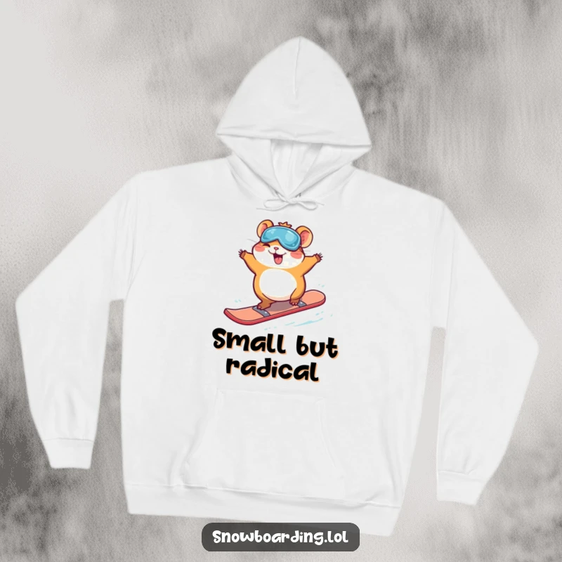 Funny giggling hamster executing a fun snowboard jump, captured on a cozy hoodie perfect for spreading winter cheer.