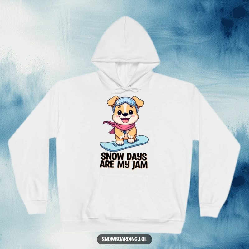 Funny Hoodie: A cheerful puppy with a wide grin enjoys snowboarding downhill, printed on a warm, comfortable hoodie.