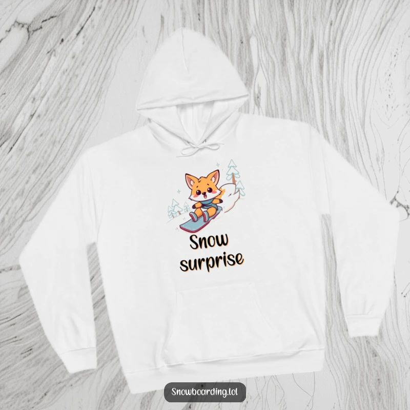 Funny fox hoodie, a surprised animal comically tumbling headfirst down a snowy mountain. Cozy and Comedic.