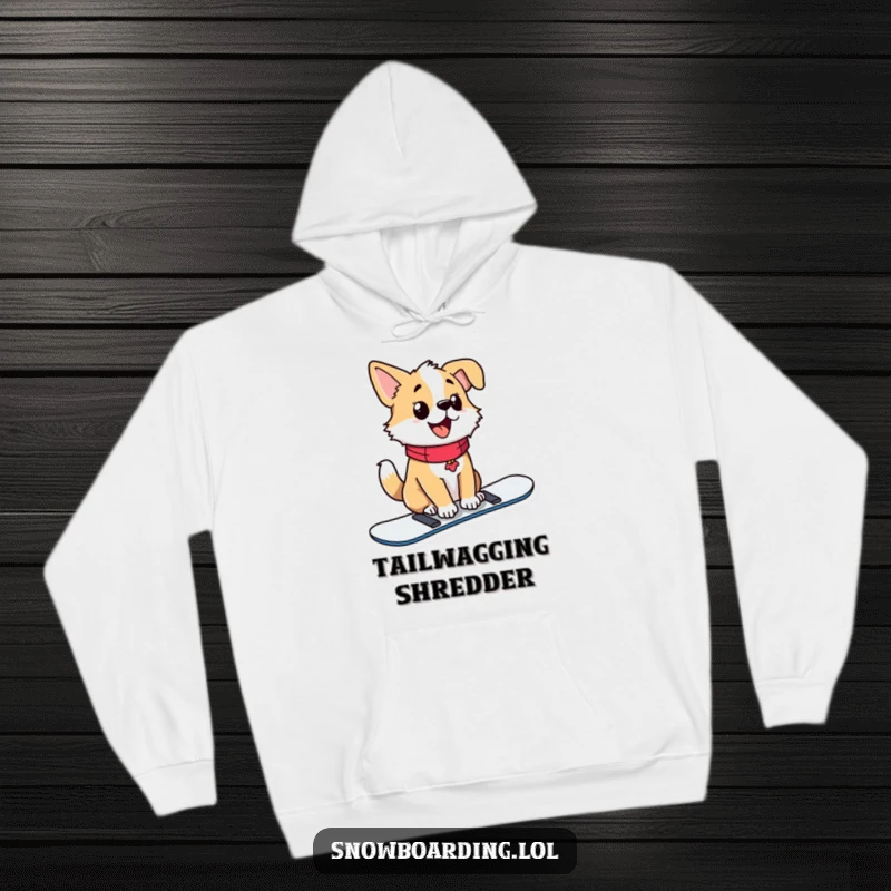 Funny hoodie depicting a proud dog sitting upright on a snowboard, tail wagging ecstatically.