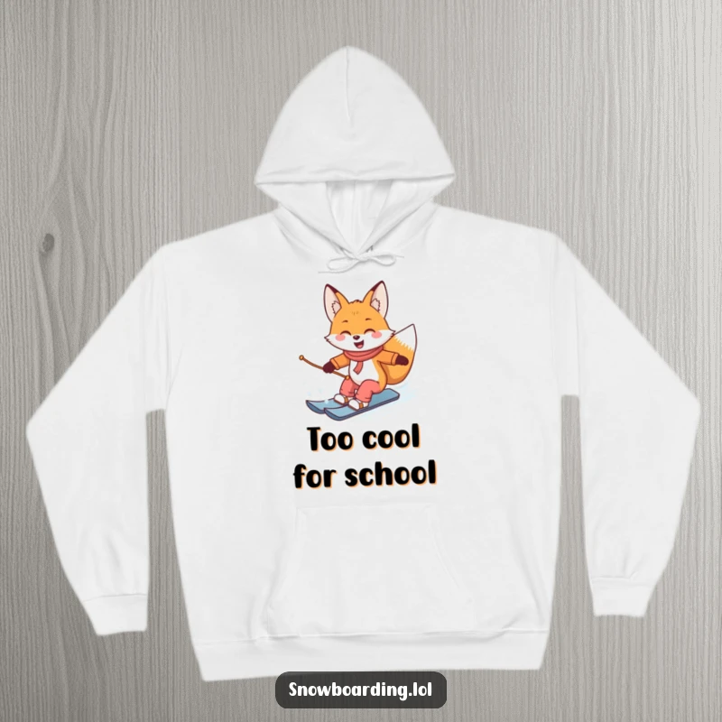 Funny hoodie depicting a cunning fox with a smile, masterfully carving turns on a snowboard, radiating winter cool.
