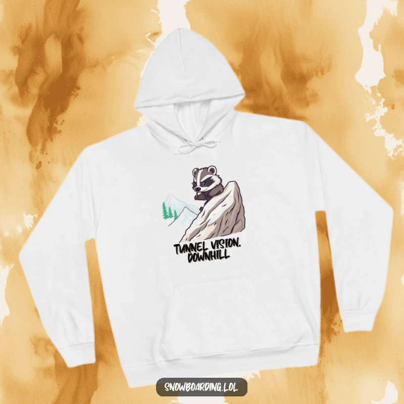 Funny hoodie featuring a brave badger carving smooth turns on a snowboard down a mountain, embodying skill and humor for winter wear.