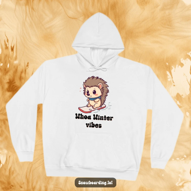 Funny hoodie with a curious hedgehog looking surprised on a tiny snowboard, perfect for staying warm with humorous winter vibes.