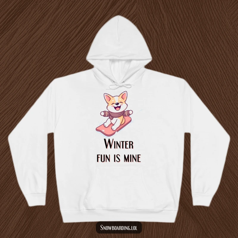 Funny hoodie featuring a happy dog gleefully snowboarding down a snowy slope, embodying cozy winter fun and excitement.