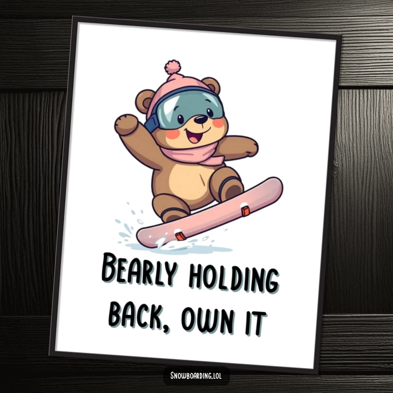 Funny Free Printable Wall Art: A cool bear landing a challenging snowboarding trick with a proud, wide grin.