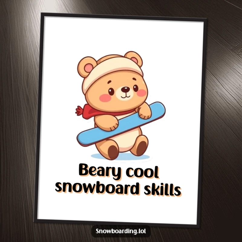 Funny Free Printable Wall Art: A cute bear with a concentrated look balances a snowboard perfectly on its nose. Whimsical downloadable cartoon.