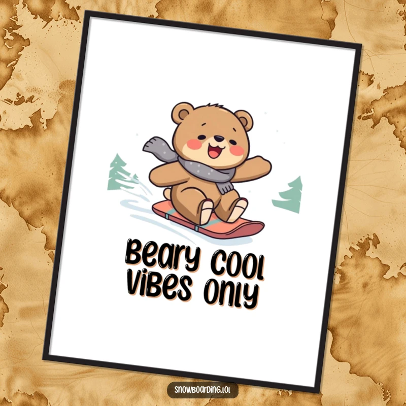 Funny Free Printable Wall Art: Joyful bear shredding a snowy slope on a snowboard, radiating pure cool.