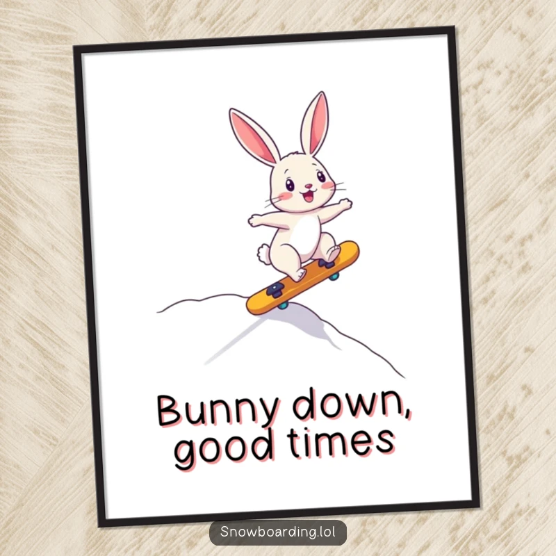 Funny Free Printable Wall Art: A bouncing bunny rides a board precariously downhill, capturing thrilling action and humorous chaos.