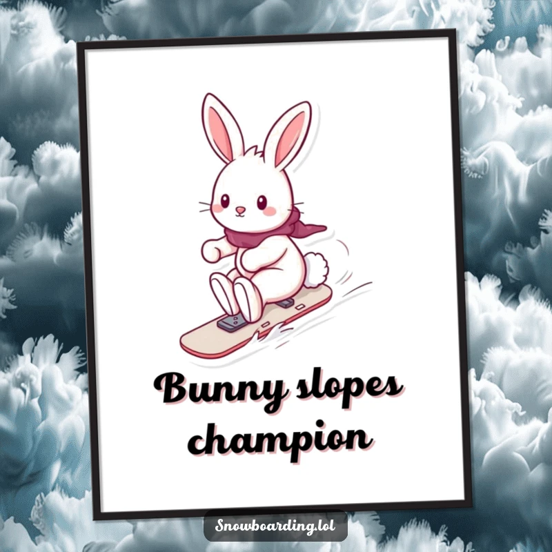 Funny Free Printable Wall Art: A playful bunny with a fluffy tail happily rides a snowboard down a slope, creating whimsical decor.