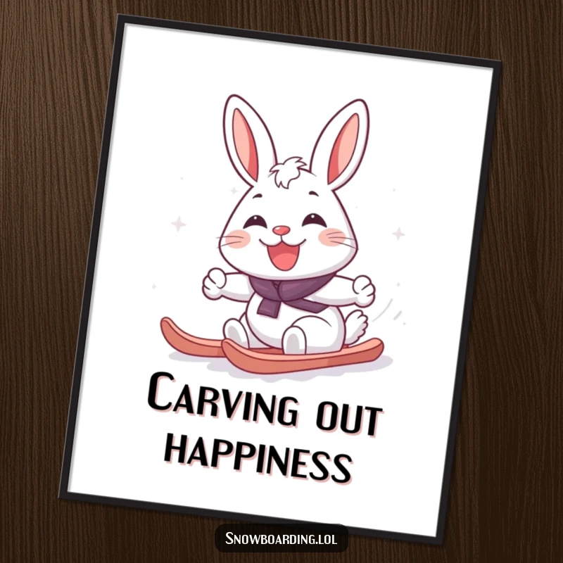 Funny Free Printable Wall Art: A cheerful rabbit grinning widely while carving a snowy turn on a snowboard. Downloadable decor.