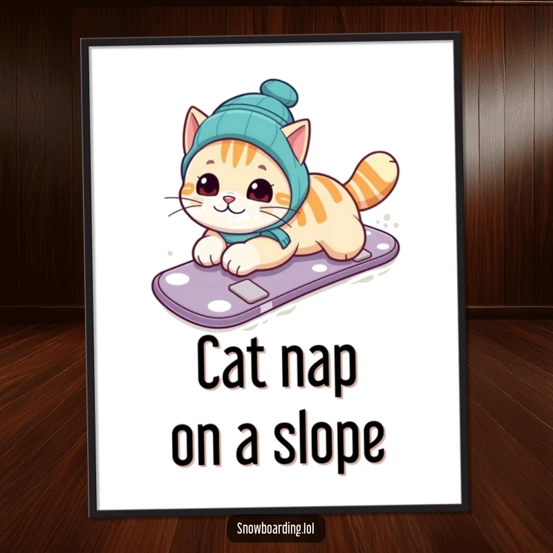Funny Free Printable Wall Art: Curious cat sliding on its belly on a snowboard, with a playful look. Whimsical and humorous downloadable decor.