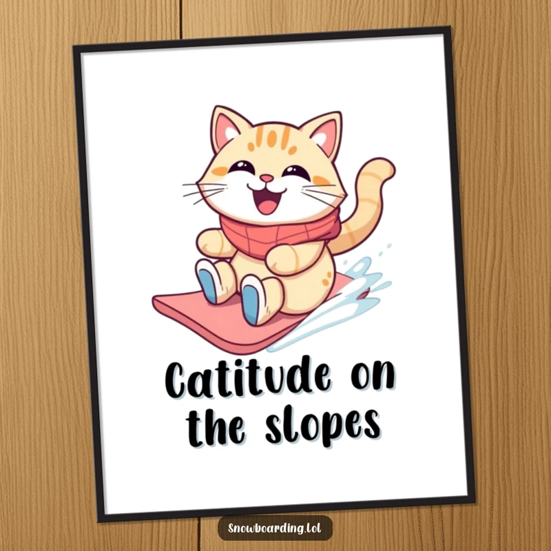 Funny Free Printable Wall Art: A grinning cat with windblown fur expertly slides down a snowy slope on a snowboard. Playful cartoon.