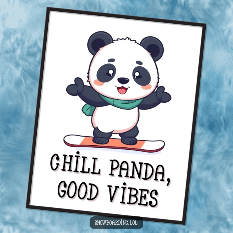 Funny Free Printable Wall Art: Determined panda balancing steadily on a snowboard, exuding proud accomplishment.