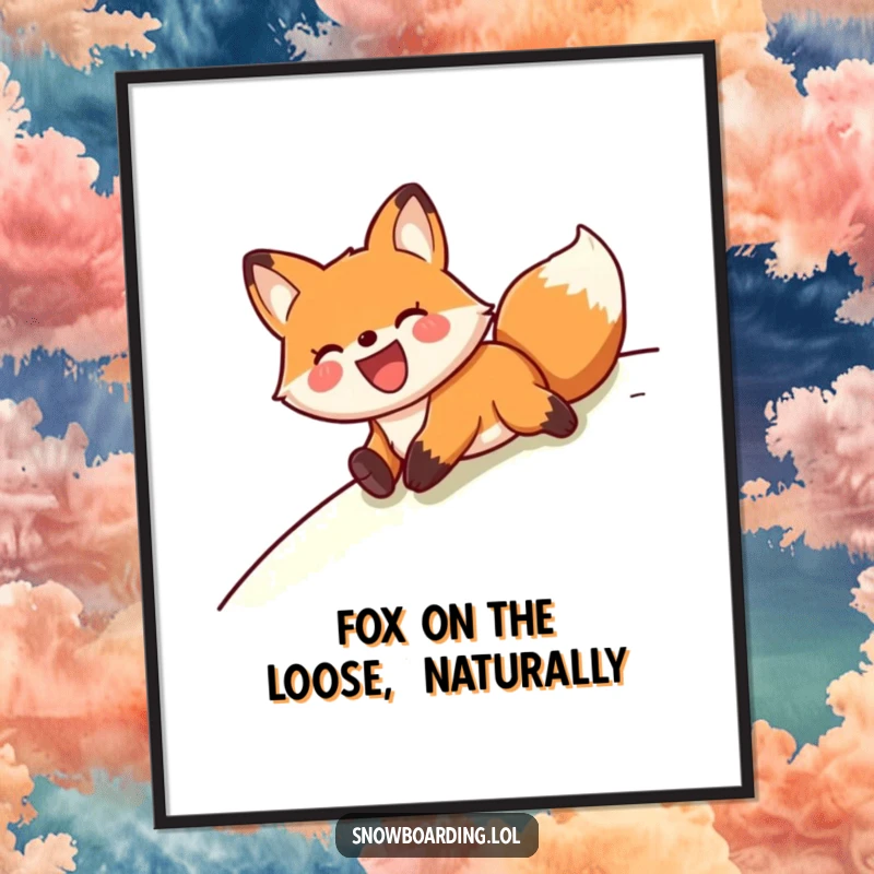 Funny Free Printable Wall Art: A joyful fox sliding gleefully on its belly down a grassy slope, capturing pure fun.