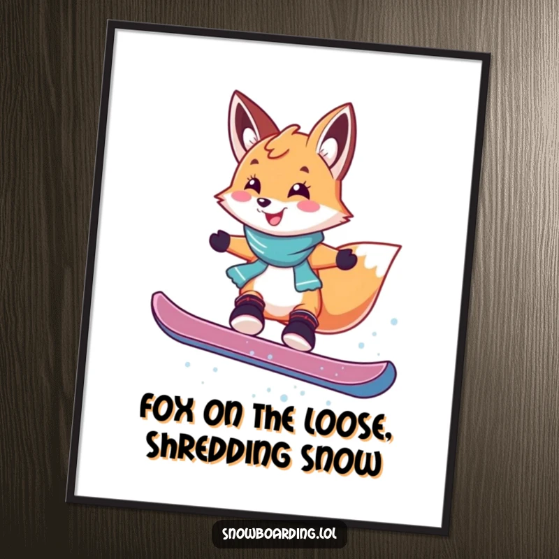 Funny Free Printable Wall Art: Smiling fox doing a playful jump on a snowboard, full of energy. Dynamic and humorous downloadable decor.