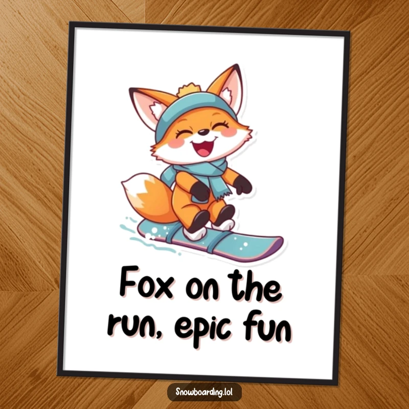 Free Printable Wall Art: Joyful fox catching air on a snowboard with a wide grin, dynamic winter action.