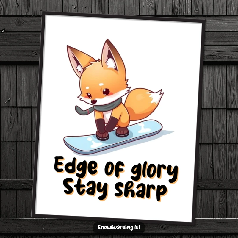 Funny free printable wall art of a curious fox cautiously testing the edge of its snowboard, contemplating its next move.