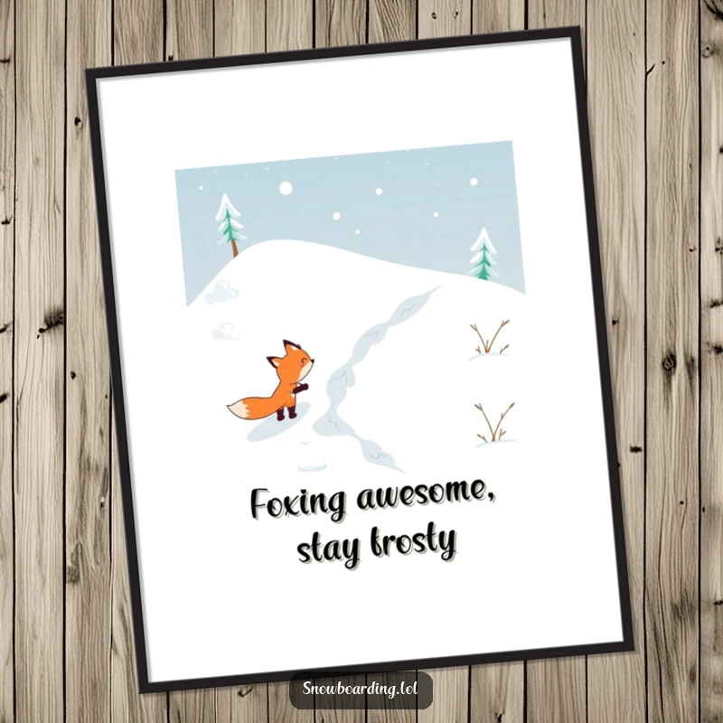Funny Free Printable Wall Art: Determined fox confidently skiing down a steep snowy hill, bringing winter humor to any room.