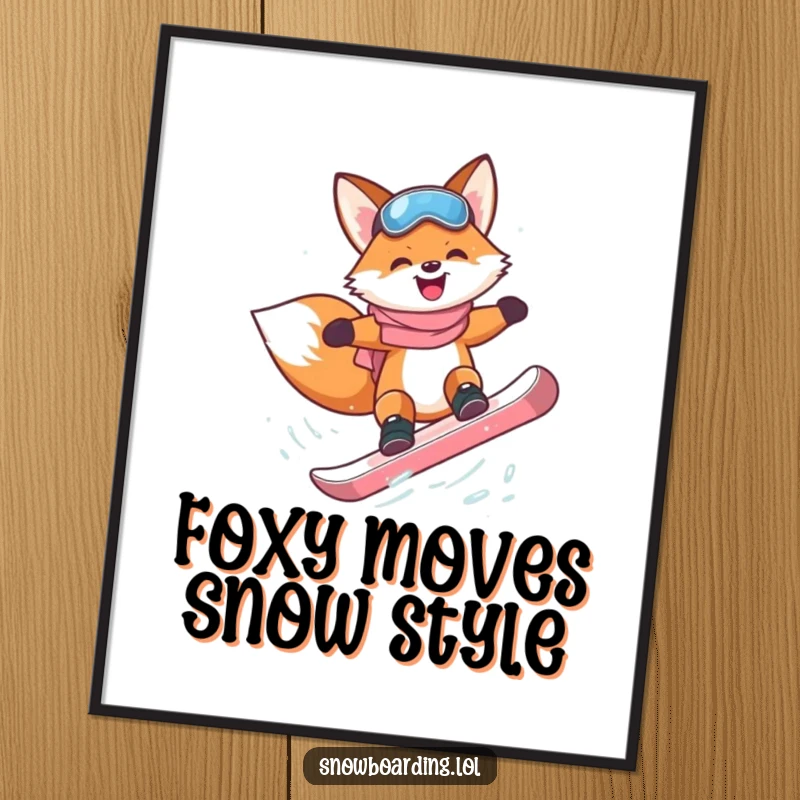Funny Free Printable Wall Art: A happy fox with goggles mid-air attempts a snowboard flip, full of playful energy. Downloadable cartoon.