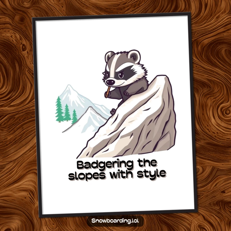 Funny Free Printable Wall Art: A brave badger effortlessly carves turns down a snowy mountain slope on a snowboard, looking cool.