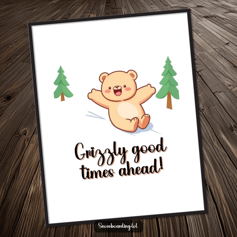 Funny Free Printable wall art: A happy bear joyfully slides down a snowy slope with arms outstretched, embodying fun and wintery delight.