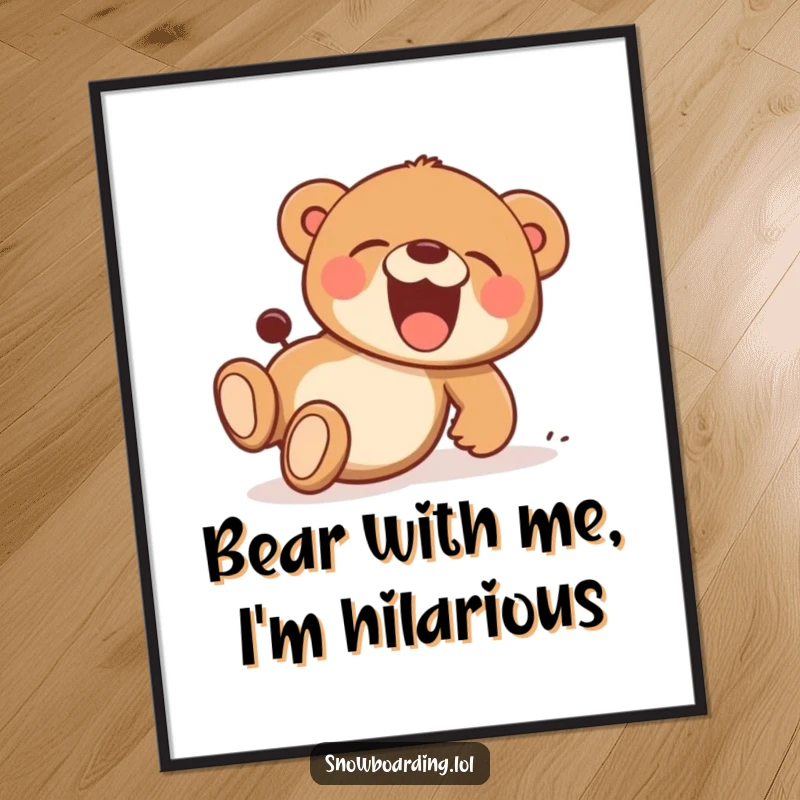 Funny Free Printable Wall Art: A joyful bear cub laughing hysterically while tumbling playfully down a green hillside, perfect for home decor.