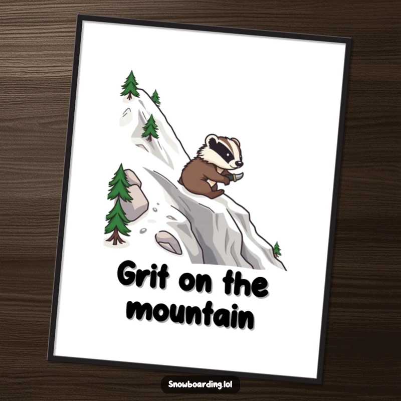 Funny Free Printable Wall Art of a brave badger carving exceptionally smooth turns down a mountain on a snowboard, embodying skill.