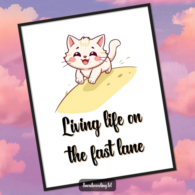 Funny Free Printable wall art: A smiling cat is a blur of fur zooming down a hill, capturing a moment of pure, exhilarating speed.