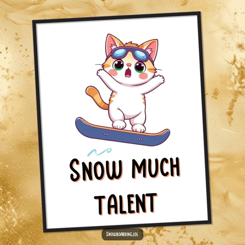 Funny Free Printable Wall Art: A shocked cat performing a wild snowboard trick mid-air. Humorous downloadable decor.