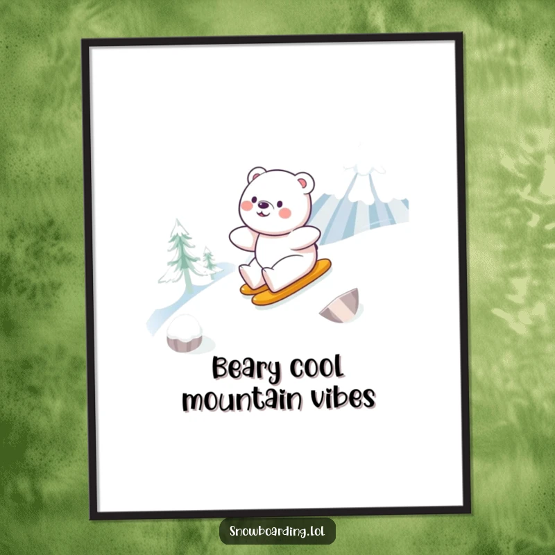 Funny Free Printable Wall Art: A happy bear smoothly carves down a snowy mountain on a snowboard, embodying pure joy and winter fun.