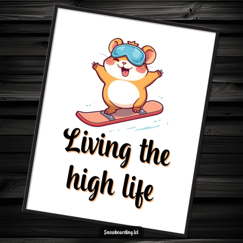 Funny Free Printable Wall Art: Giggling hamster mid-air executing a playful snowboard jump. Cute downloadable decor.