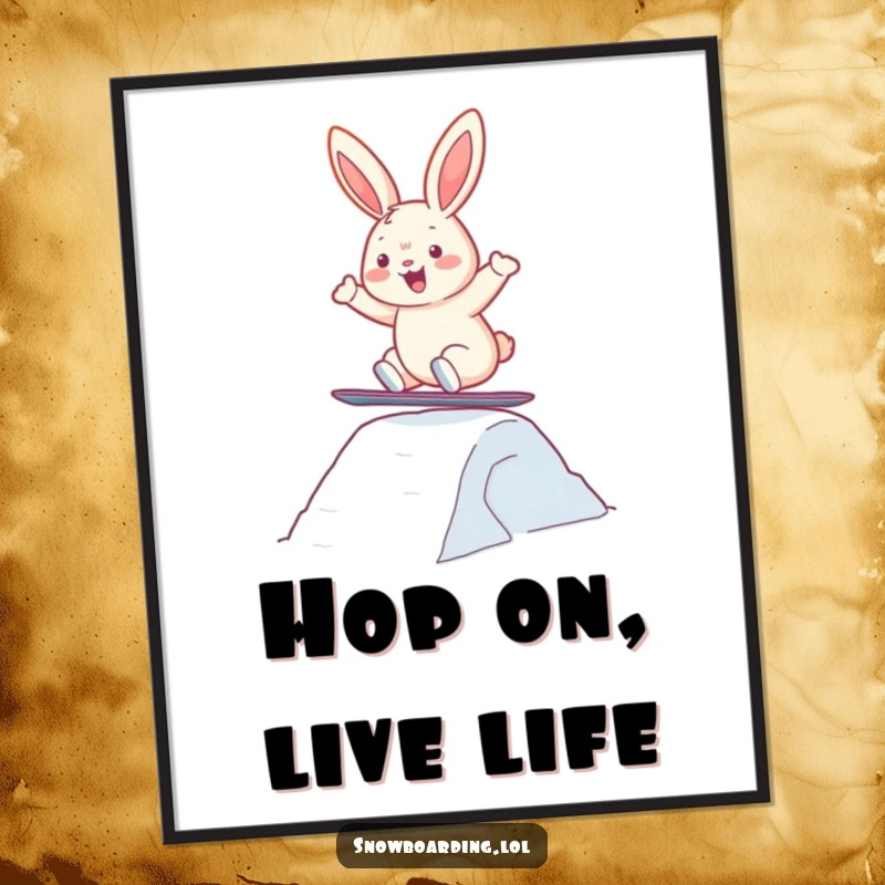 Funny Free Printable Wall Art: Cheerful bunny executing a cool snowboard jump, full of playful energy.
