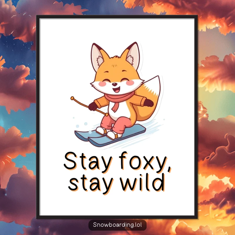 Funny Free Printable Wall Art: Smiling fox confidently snowboarding, carving elegant turns on a snowy slope.
