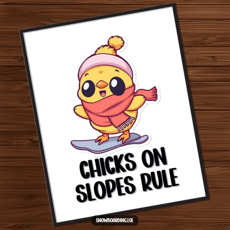 Funny Free Printable Wall Art: A delighted chick sporting a scarf gleefully snowboards down a mountain.