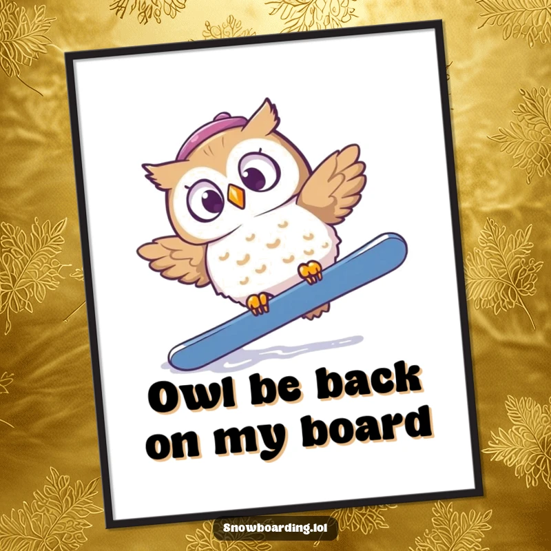 Funny Free Printable Wall Art of a startled owl tumbling off its snowboard, looking surprised, adding a humorous touch.