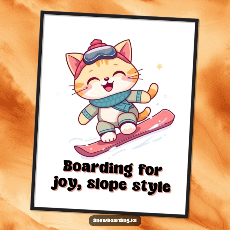 Funny Free Printable Wall Art: A happy cat snowboarder elegantly carving down a snow-covered mountain slope with a great smile.