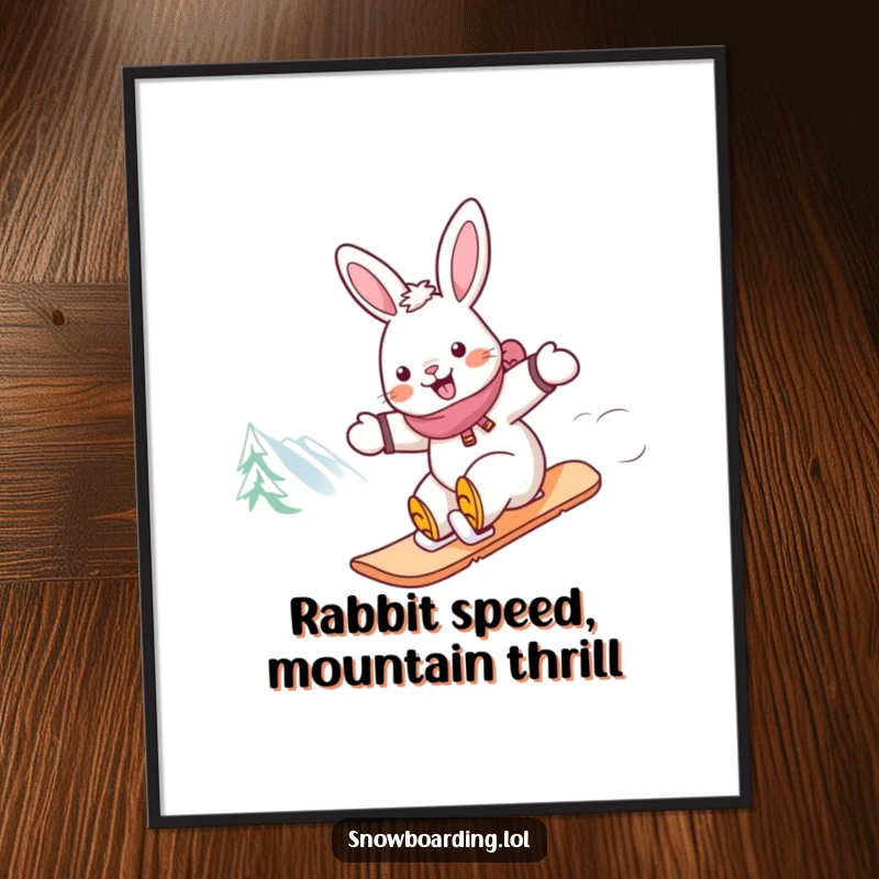 Funny Free Printable Wall Art: A cheerful rabbit joyfully zooming down a snow-covered mountain on a snowboard.