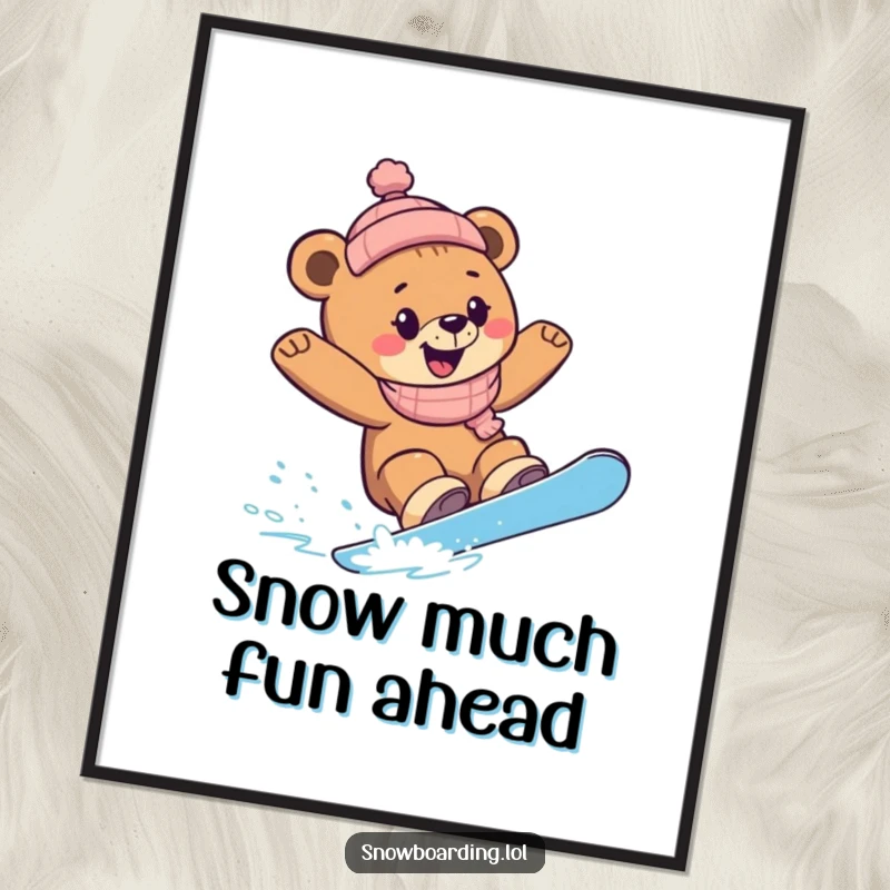 Funny Free Printable Wall Art: A bear cub snowboarder executing sharp, joyful turns on a pristine slope.