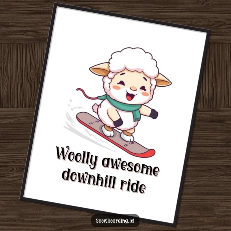 Funny Free Printable Wall Art: A giggling sheep hilariously attempting to steer a snowboard down a slope, bringing comedic charm.