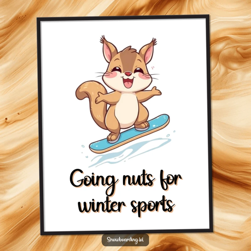 Funny Free Printable Wall Art: Giggling squirrel caught mid-jump on a snowboard, full of energetic glee.