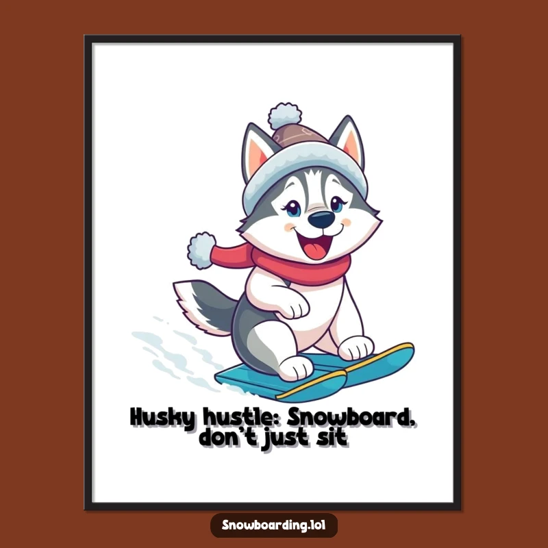 Free Printable Wall Art: Snowboarding Husky - Funny Downloadable Decor/Gift