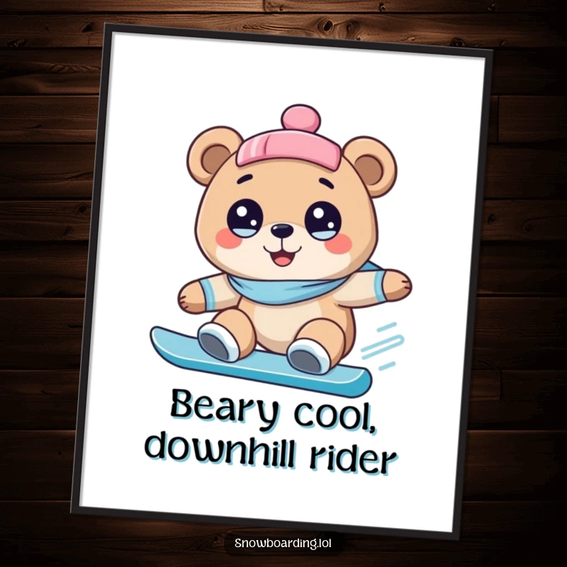Funny Free Printable Wall Art: Happy bear with wide eyes, snowboarding downhill with glee. Energetic and humorous downloadable decor.