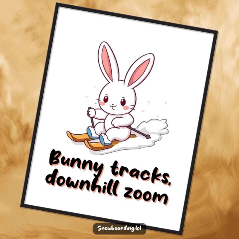 Funny Free Printable Wall Art: Cheerful bunny carving down a snowy slope with a happy expression. Adorable and humorous downloadable decor.