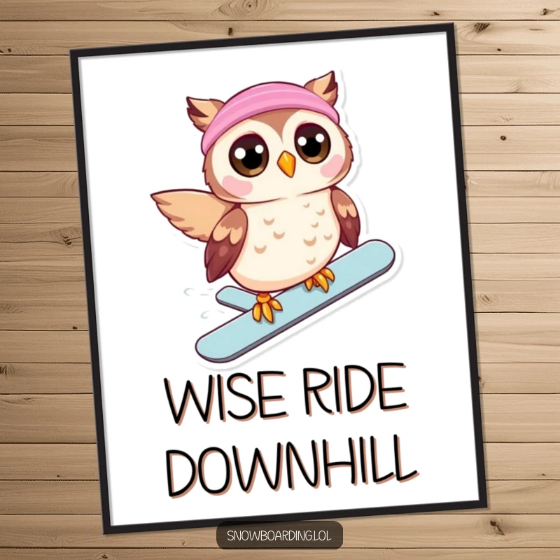 Funny Free Printable Wall Art: A beaming owl with wide eyes slides downhill on a snowboard, bringing fun decor.