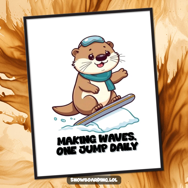 Funny Free Printable Wall Art: A proud otter is captured mid-air landing a small snowboard jump.