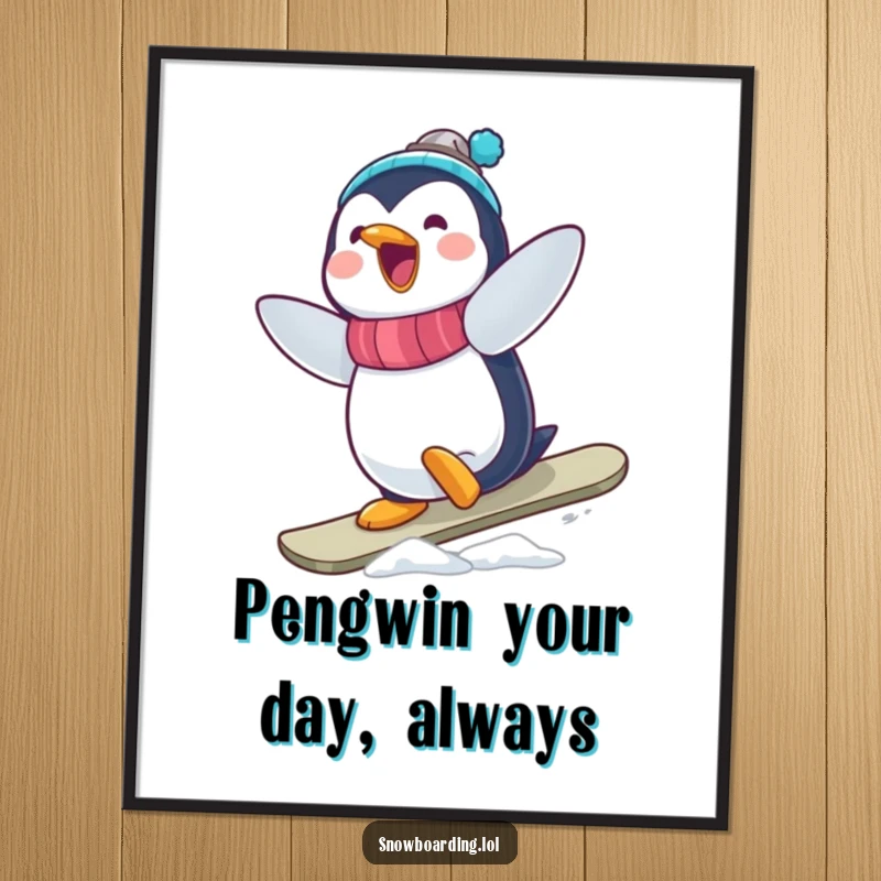 Funny Free Printable Wall Art: Delighted penguin mid-wobbly snowboard trick, bringing laughter to any room decor.